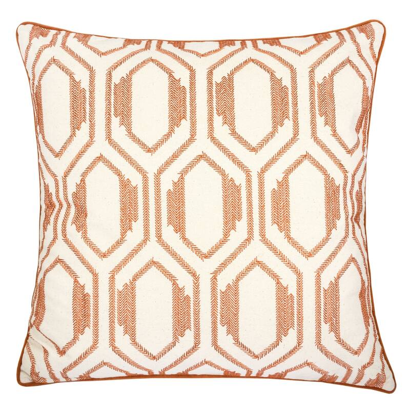 Geometric Embroidered Cotton Throw Pillow - Rust Modern Accent - Rust