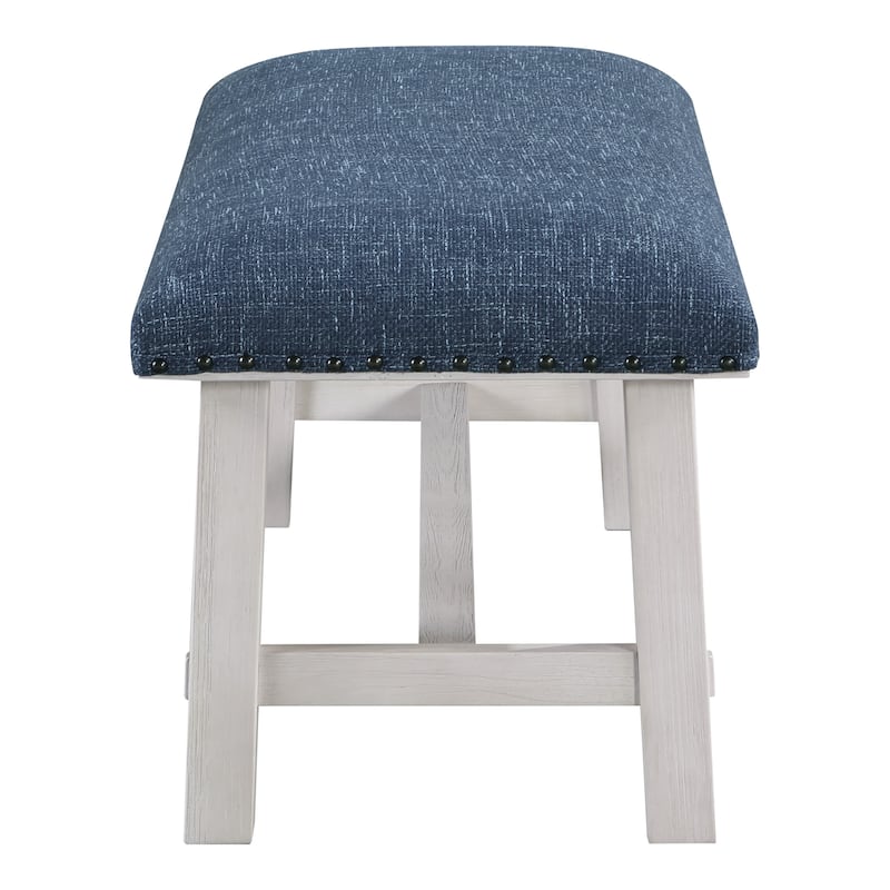 OS Home and Office Furniture Callen Bench with White Wash Frame and Antique Bronze Nailhead Trim in Navy Fabric