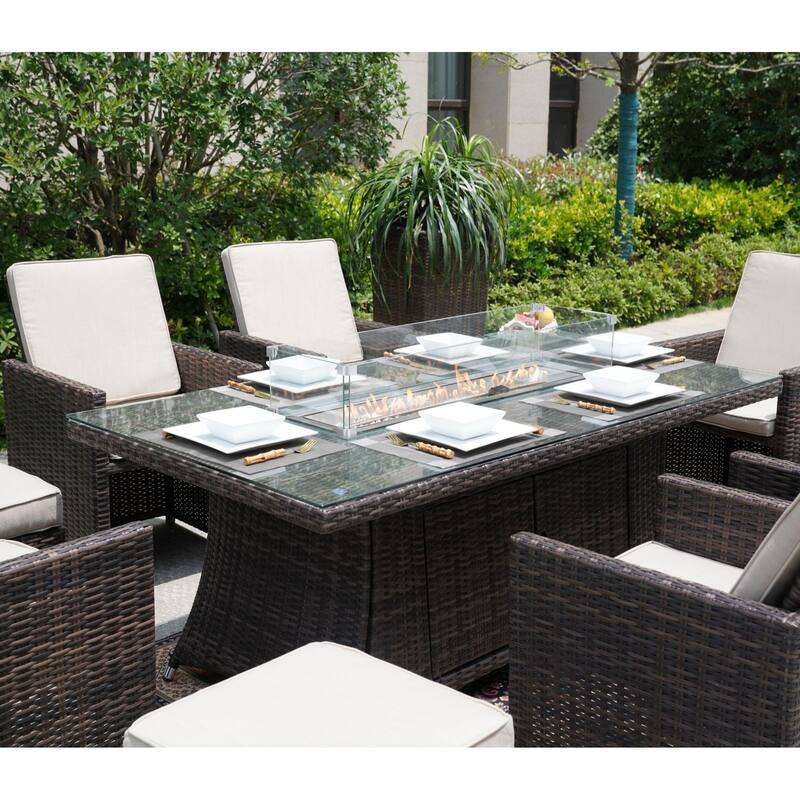 Luxury Style Dark Brown Wicker 11-Piece Outdoor Gas Fire Pit Dining Set