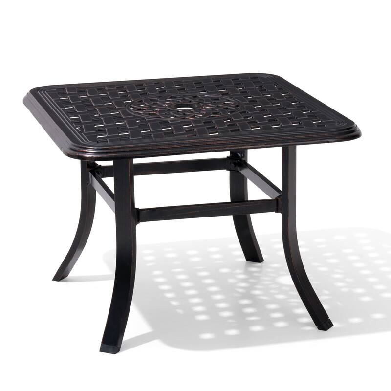 Cast Aluminum Patio Side Table Outdoor Square Table with Umbrella Hole - 24.02" L x 24.02" W x 17.52" H