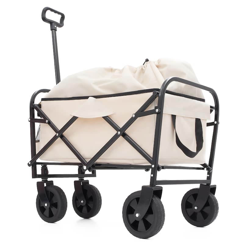 Collapsible Foldable Wagon Cart Beach Wagon Heavy Duty Utility Cart with 3pcs plastic Liner bag /Cover for Camping - Beige