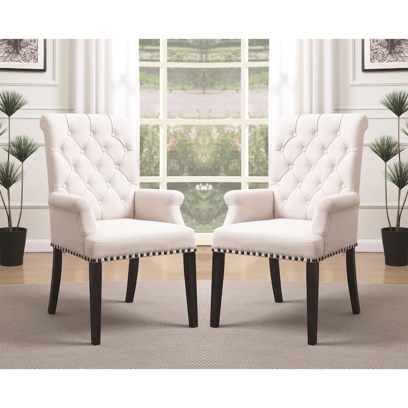 Decorative Rolled Button Beige Tufted Arm Chair with Nailhead Trim