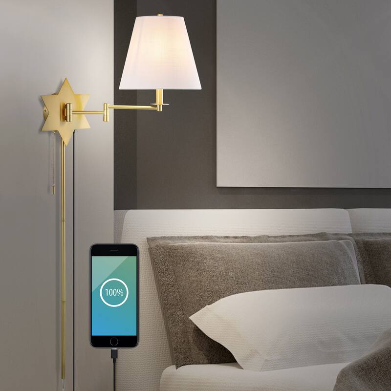 Antler 18.5" 1-Light Modern Swing Arm Plug-In or Hardwired LED Star Sconce with Pull-Chain and USB Charging Port by JONATHAN Y