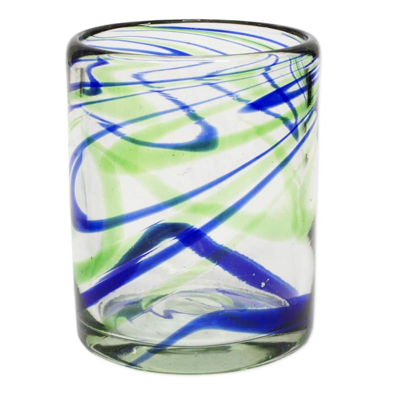NOVICA Artisan Handblown Rocks Glasses Blue Green Mexican Recycled Tumbler 'Elegant Energy'(Set of 6) - 3.1
