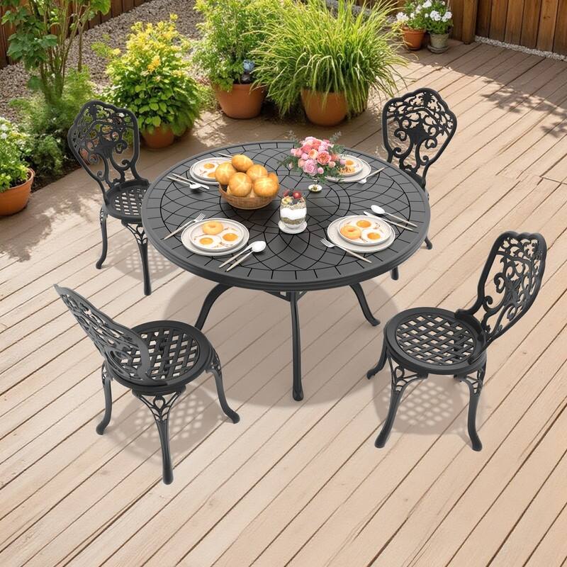 Traditions 5-Piece Patio Outdoor Dining Set with 4 Dining Chairs and Round Table, Rust Free - Black