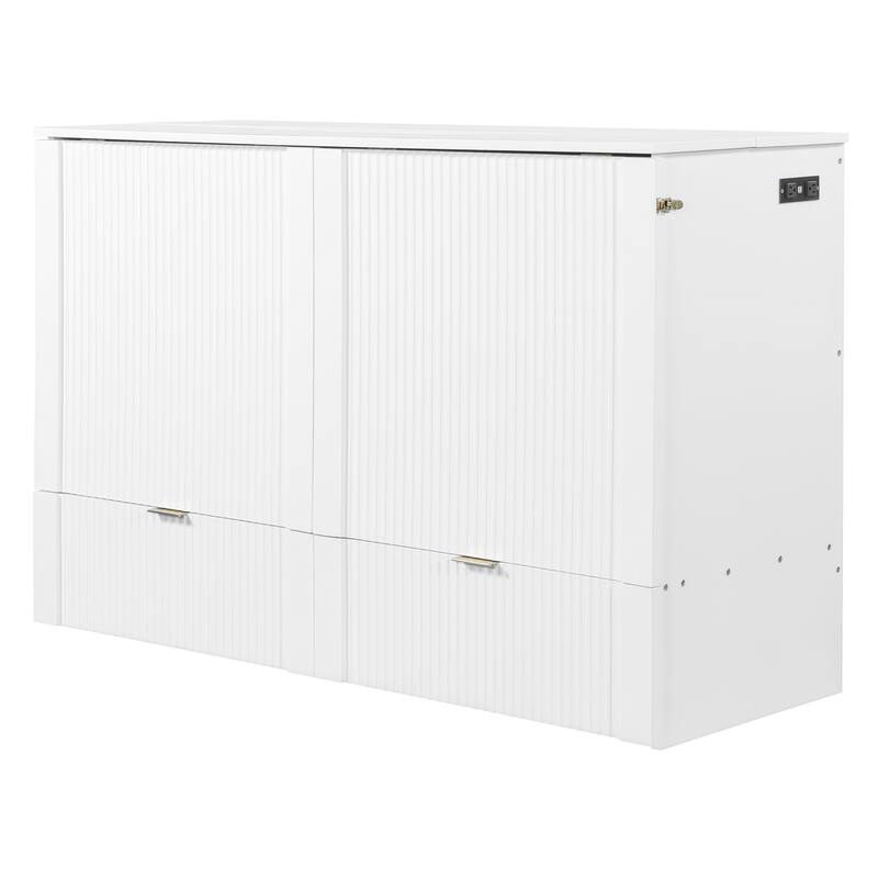 Space-Saving Queen Size Murphy Bed with Drawer, USB Ports, and Pulley Mechanism, Convertible Wall Bed with Flexible Slats