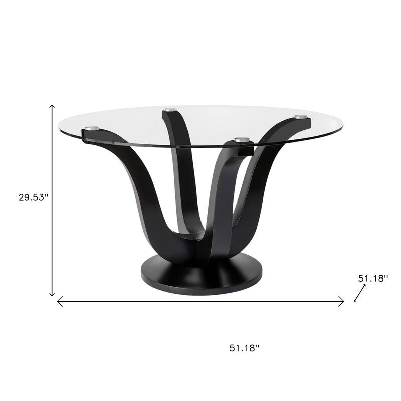 HomeRoots 51" Clear and Black Glass and Solid Wood Pedestal Base Round Top Dining Table - 51.18 in. x 29.53 in. x 51.18 in.