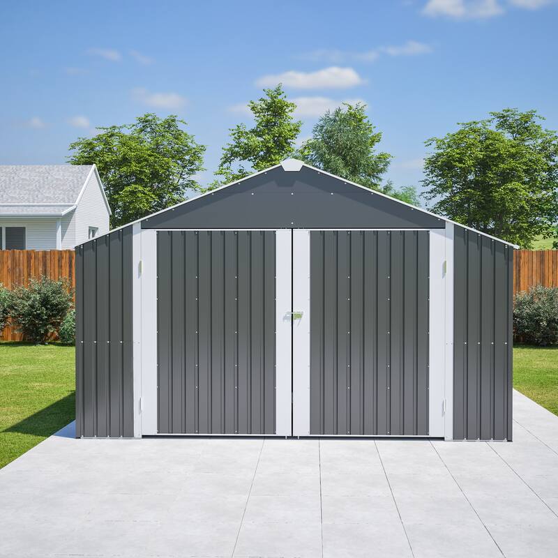 GDFStudio - Cassandra Large Outdoor Metal Storage Shed with Lockable Doors for Secure Vehicle and Equipment Storage - 12x20 FT - Black