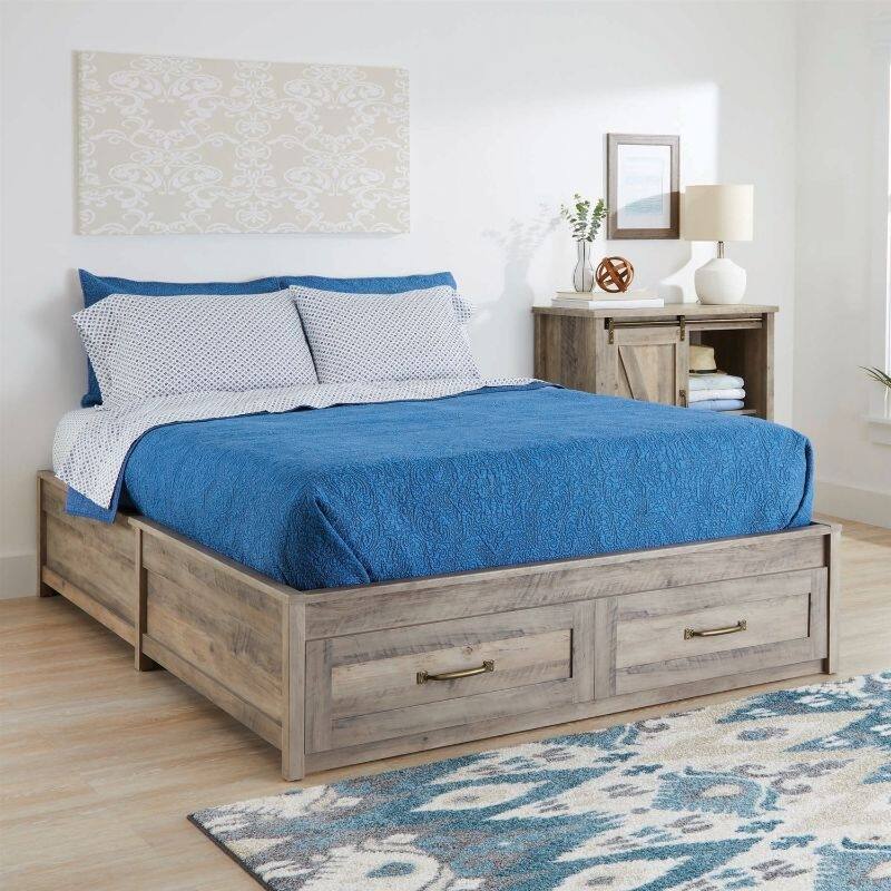 Rustic Farmhome Platform Under Bed Storage Drawers Queen Size