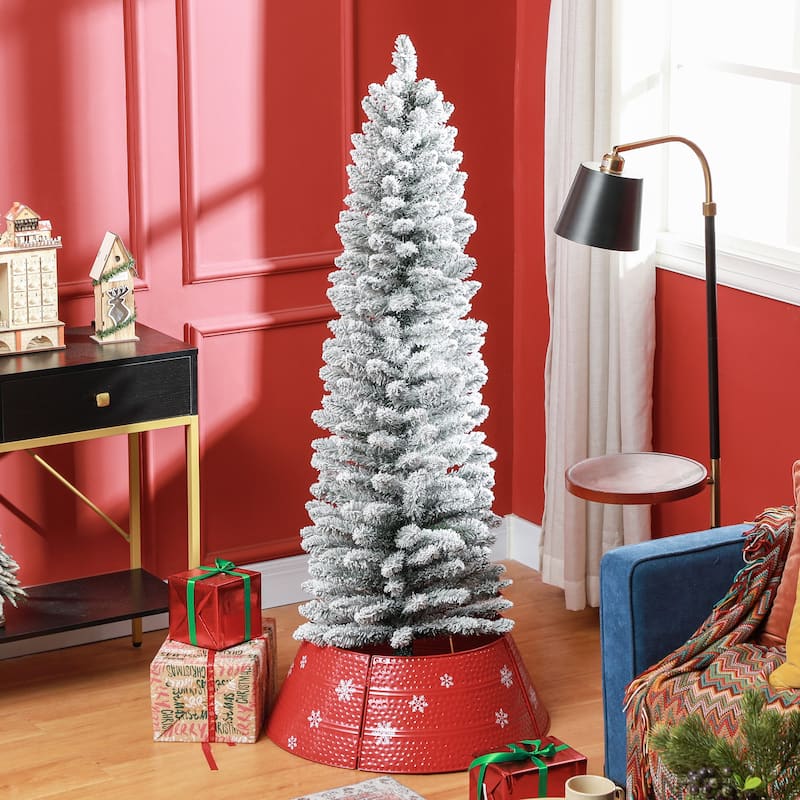 HOMCOM Flocked Artificial Pencil Tree - Snowy Tips, Metal Base, Realistic Xmas Tree - Green