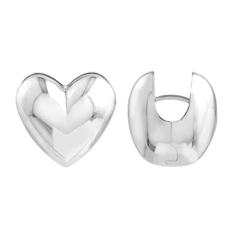 Curata 925 Sterling Silver 15mm Heart Puff Huggies Hinged Hoop Earrings
