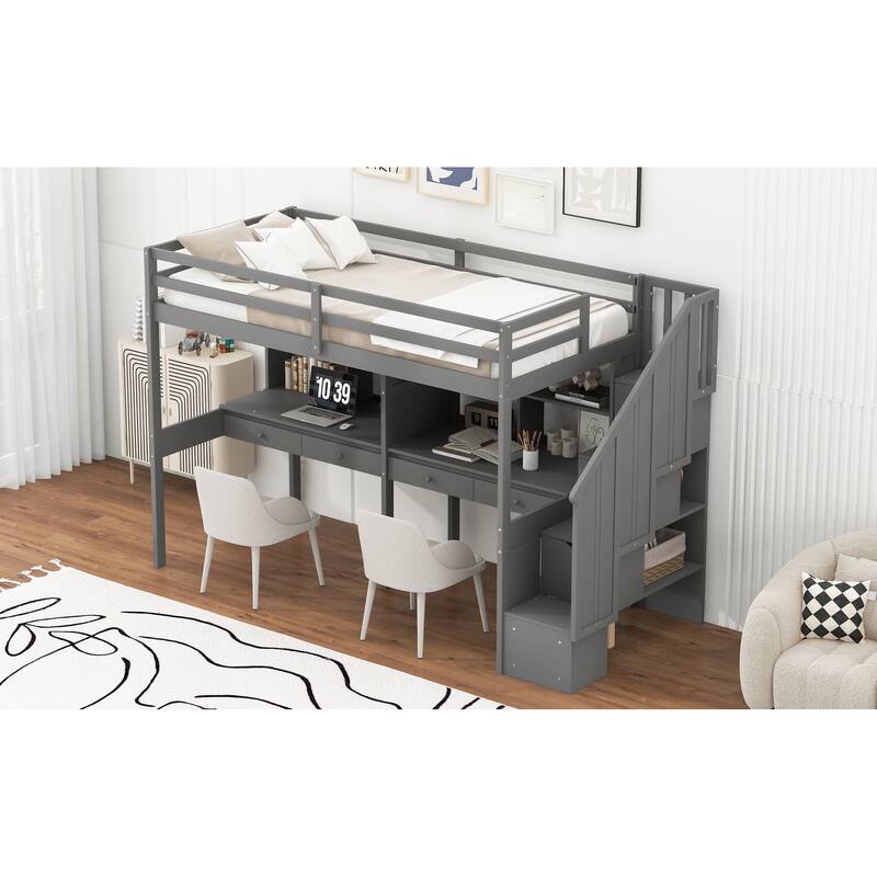 Twin Size Loft Bed Frame with Storage Staircase and Double Desks and Shelves,Gray