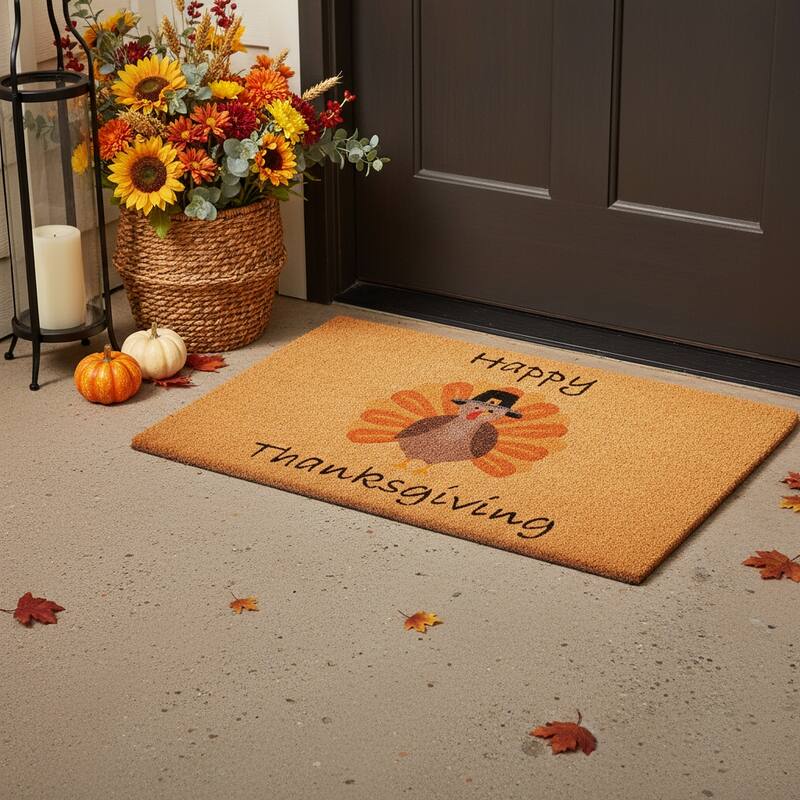 HomeRoots 17" X 29" Natural And Brown Thanksgiving Outdoor Coir Door Mat - 17.00' X '29.00 - 17.00' X '29.00