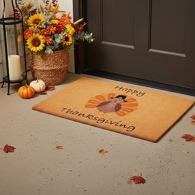 HomeRoots 17" X 29" Natural And Brown Thanksgiving Outdoor Coir Door Mat - 17.00' X '29.00