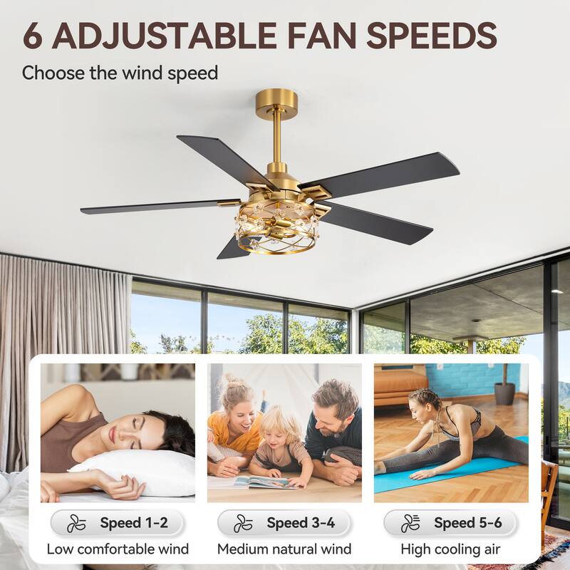 52" Reversible 5-Blade Farmhouse Glam Floral Glass Caged Ceiling Fan with Light and Remote