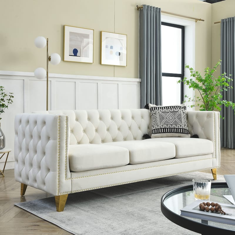 Roomfitters 80.5" Chesterfield Sofa, 3-Seater Velvet Tufted Couch with Square Arms, Nailhead Trim and Gold Metal Legs