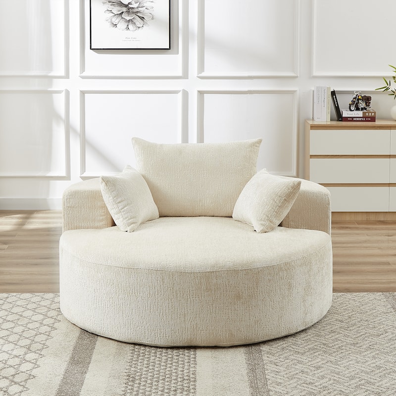 Beige Round Chenille Single Sleeper Sofa with Backrest Pillow