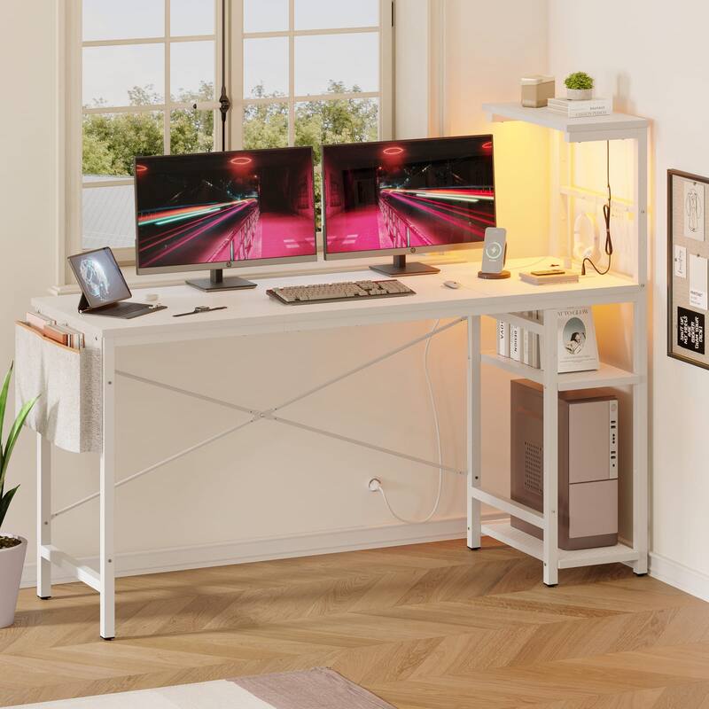 61" Gaming Desk Computer Desk with LED Lights Storage Shelves and Side Bag Home Office Desk