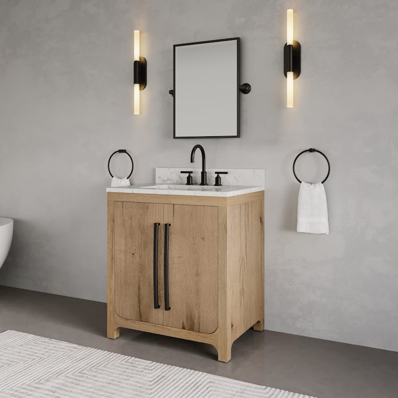 Perris 30 In. Single Rectangle Sink Bathroom Vanity With Engineered Carrara White Marble Top In Weathered Oak