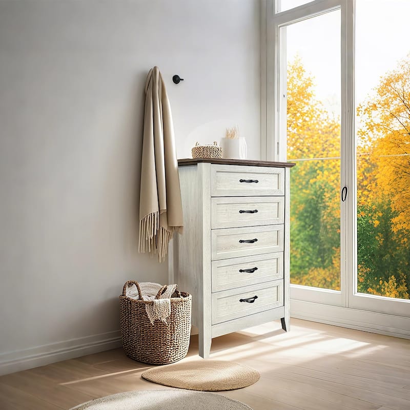 5 Drawers Dresser for Bedroom, Wood Tall Chset of Drawers, Farmhouse Dresser Chests with Metal Handle for Bedroom,Living