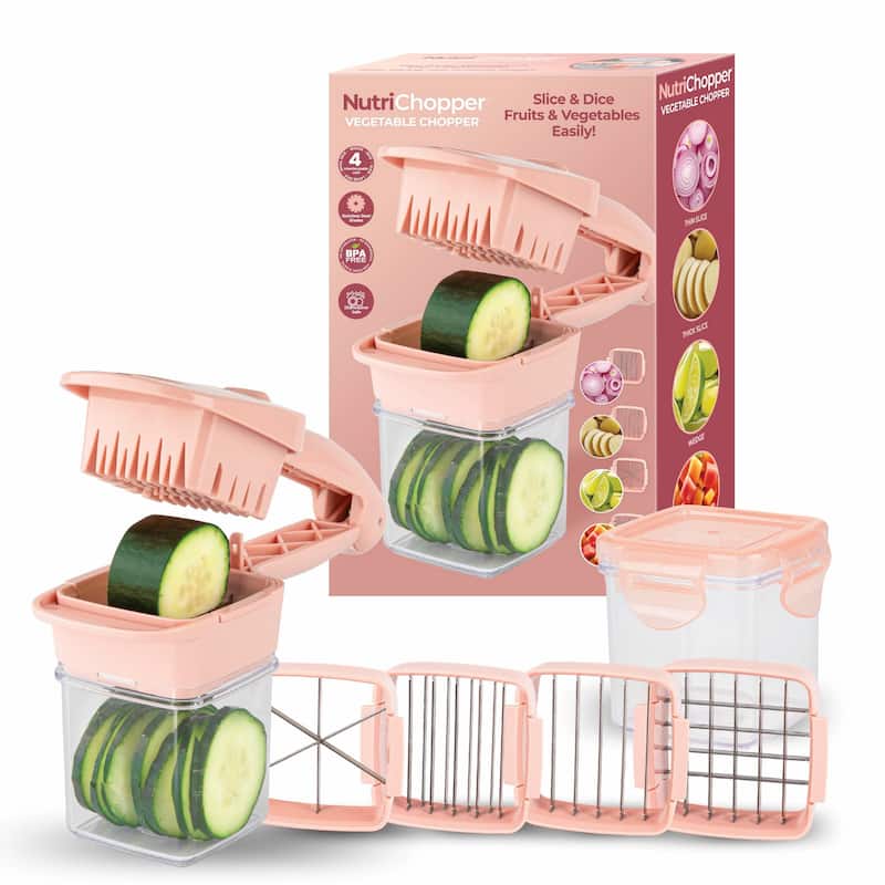NutriChopper 7-Piece Handheld Vegetable and Fruit Chopper with 4 Blades and Container - Light Pink