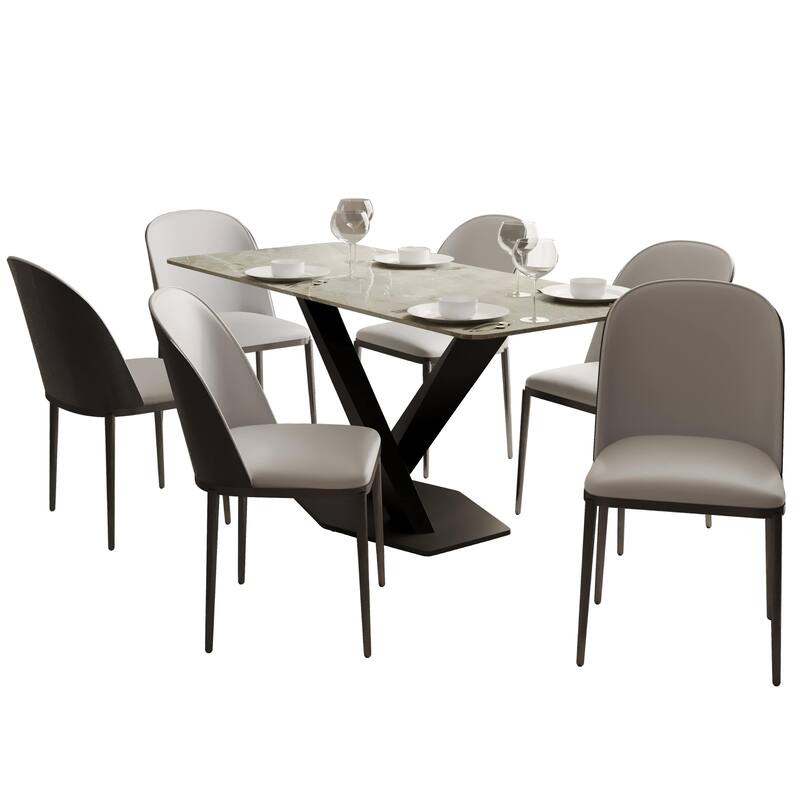 Voren 7-Piece Dining Set 55-Inch Rectangular Sintered Stone Dining Table and 6 Dining Side Chairs - Black/White