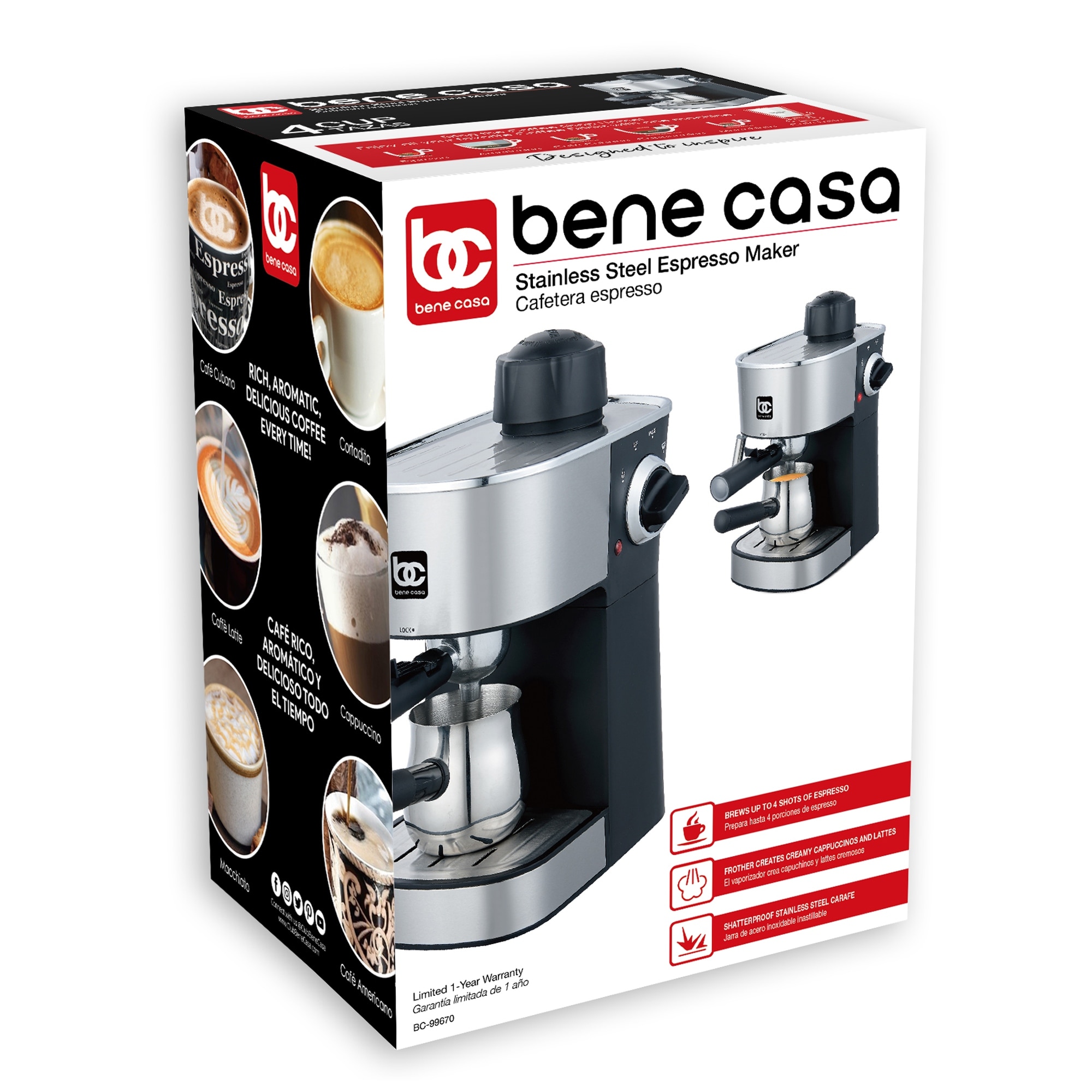 Bene Casa 4-Cup Stainless Steel Espresso Makerw/Steam Frother 