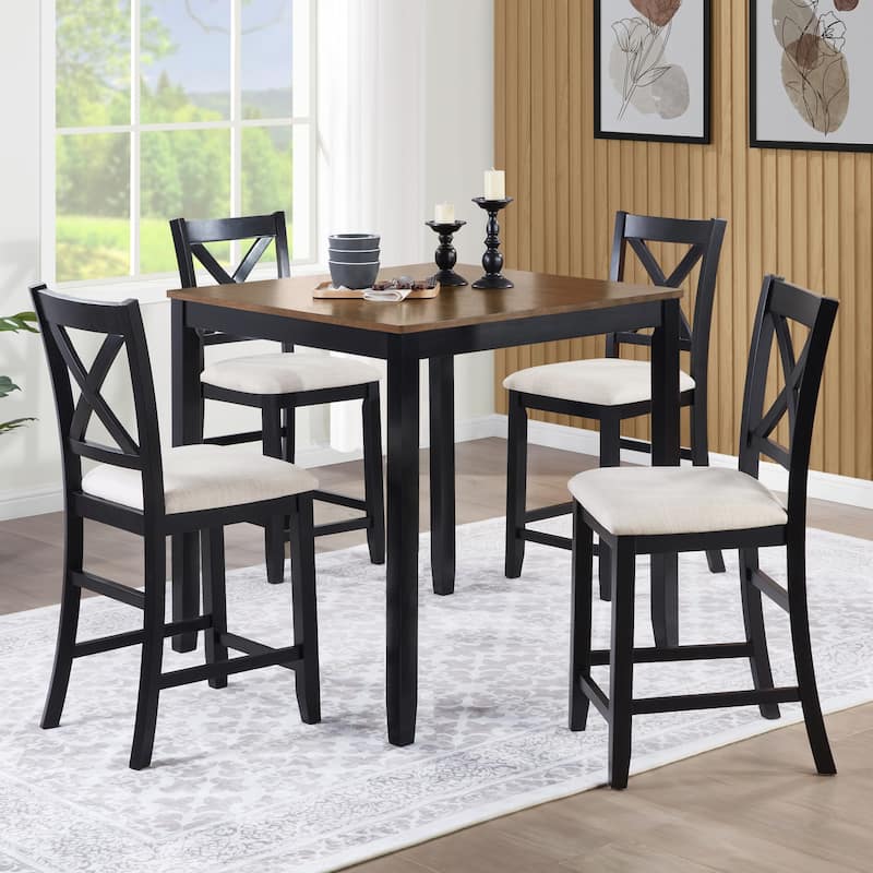 GDFStudio - Montara 5-Piece Farmhouse Wooden Square Counter Height Dining Table Set with 4 Upholstered Chairs - Cross back - Beige,Black,Oak