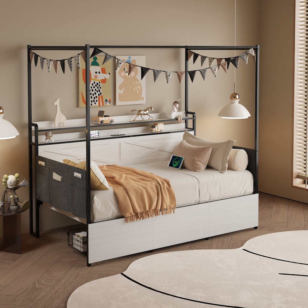Twin Size Bed with 3 Storage Drawers, LED Lights & Charging Station