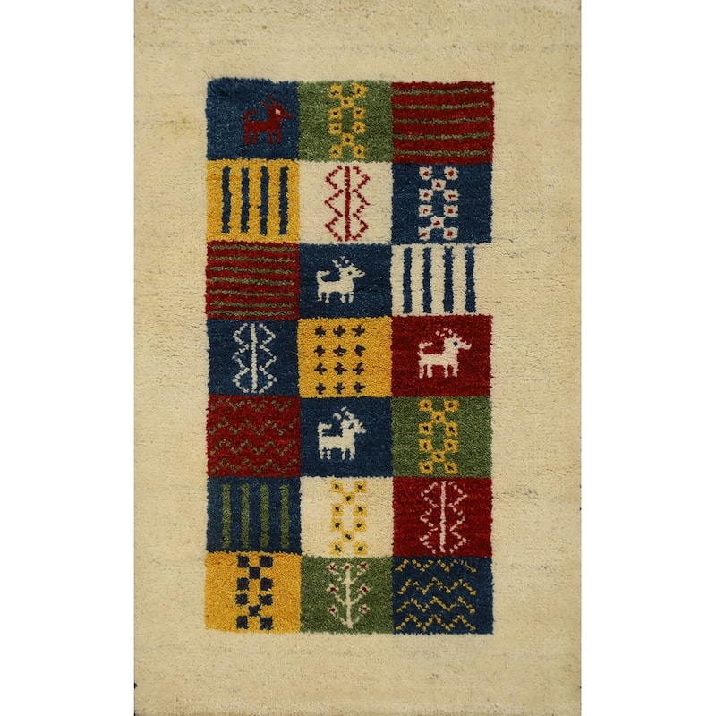 Hand Knotted Oriental 100% Wool Carpet Tribal Geometric Multi-Colored Gabbeh Area Rug - 3' 1'' X 2' 0''
