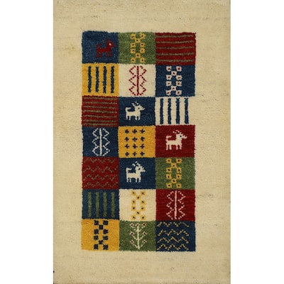 Hand Knotted Oriental 100% Wool Carpet Tribal Geometric Multi-Colored Gabbeh Area Rug - 3' 1'' X 2' 0''