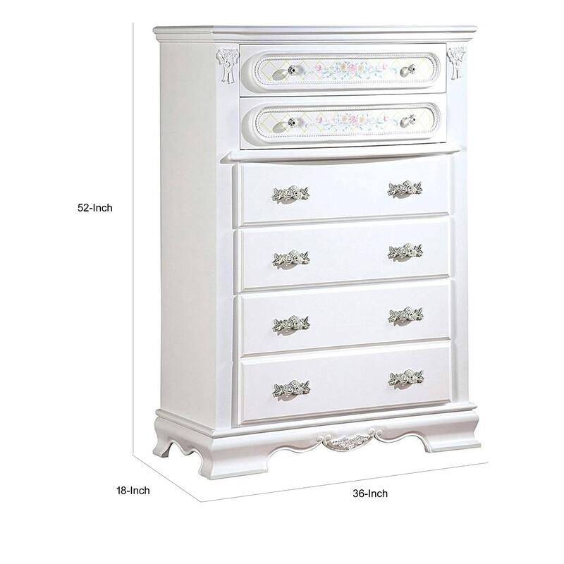 Auri 52 Inch Tall Dresser Chest, 5 Drawers, Crown Molding, White Wood