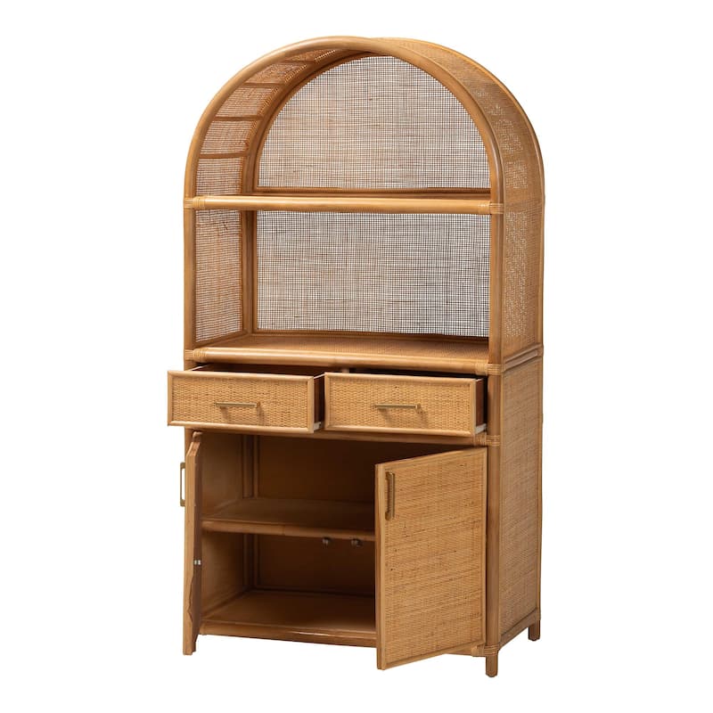 Mairen Arched Natural Rattan Storage Cabinet - Handwoven Pole Rattan Hutch with Two Drawers and Doors, Boho Coastal Cabinet
