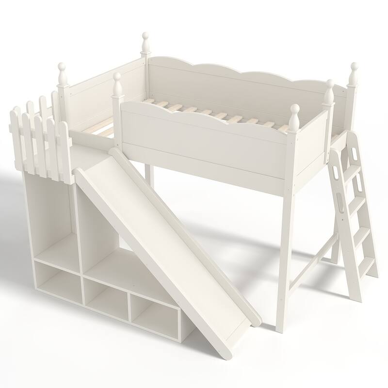 Twin Loft Bed with Storage Shelves and Wardrobe, Solid Wood Loft Beds with Detachable Slide and Ladders, No Spring Box Needed
