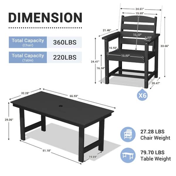 dimension image slide 1 of 6, 7-Piece HDPE Outdoor Dining Table Sets with Umbrella Hole - 1-Table 6-Chairs