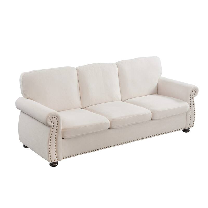 3 Seater Ivory Velvet Sofa with High-Density Foam, Loose Back Cushions and Solid Wood Turned Legs