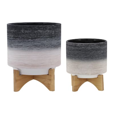 8 & 10 inch Ceramic Planter on Wood Stand,Set of 2