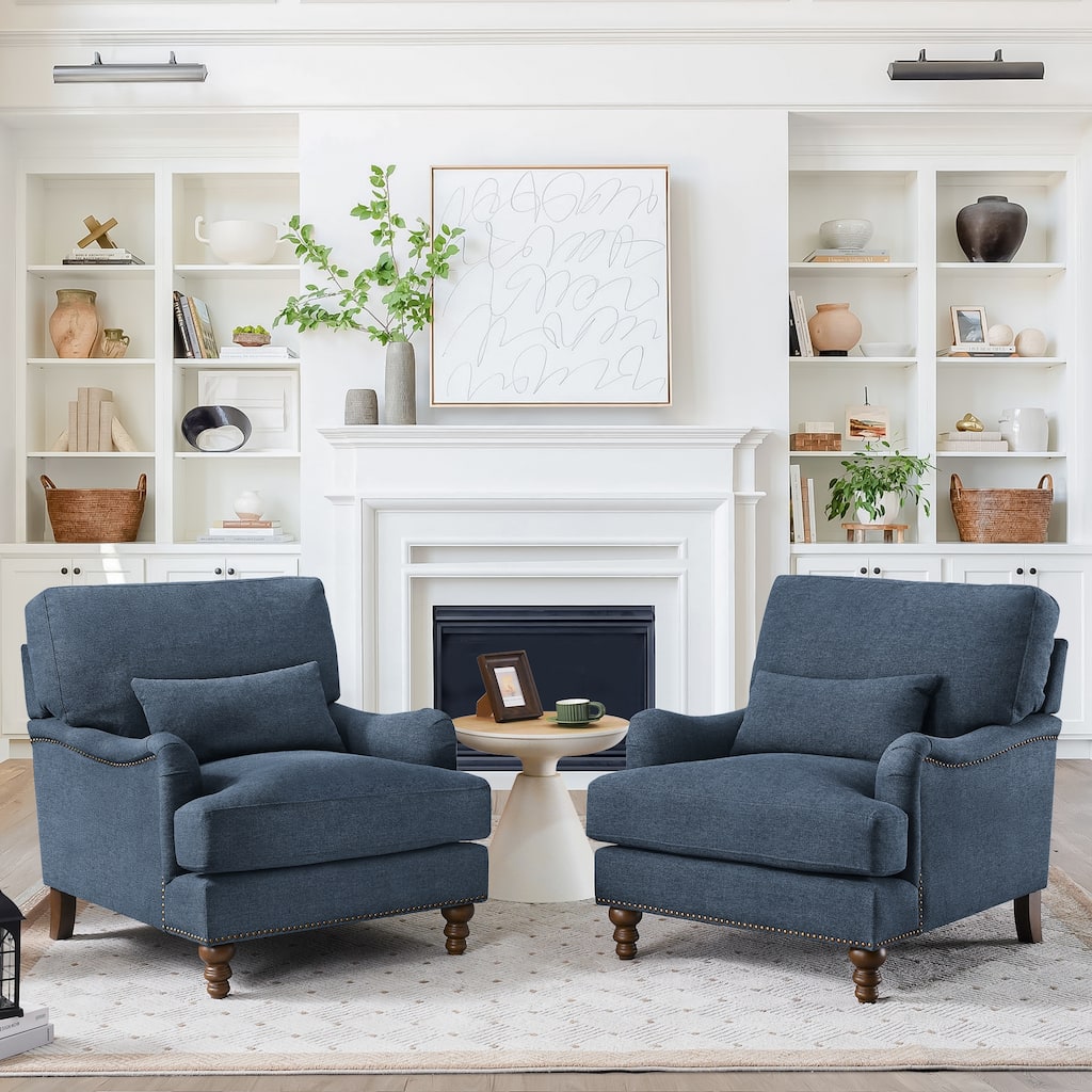 Upholstered Accent Chair with Solid Wood Legs and Pillow for Living Room Seating