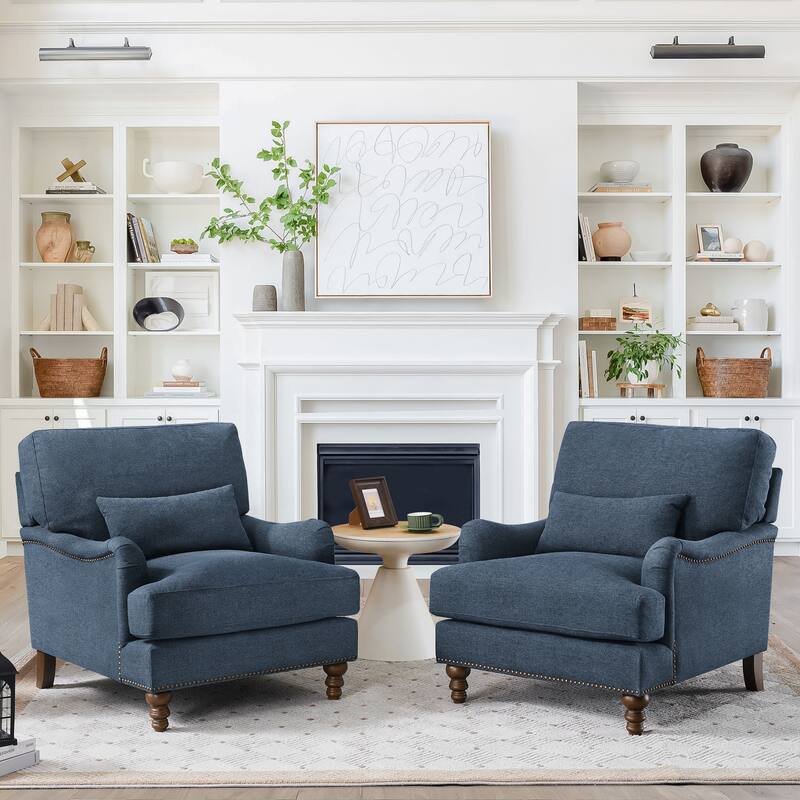 Upholstered Accent Chair with Solid Wood Legs and Pillow for Living Room Seating - Set of 2 - Dark Blue