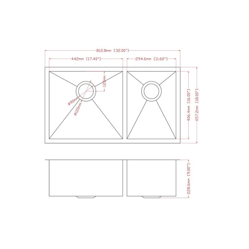 32 Inch Undermount Double Bowl 16 Gauge Stainless Steel Kitchen Sink in Brushed Nickel - 32'' x 18'' x 9''