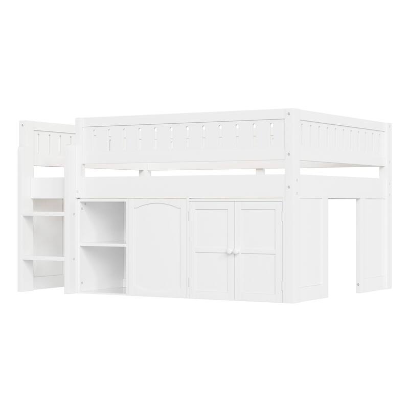 Wooden Full Size Loft Bed with Double-Door Storage Cabinet, Open Shelves and Chalkboard Panel