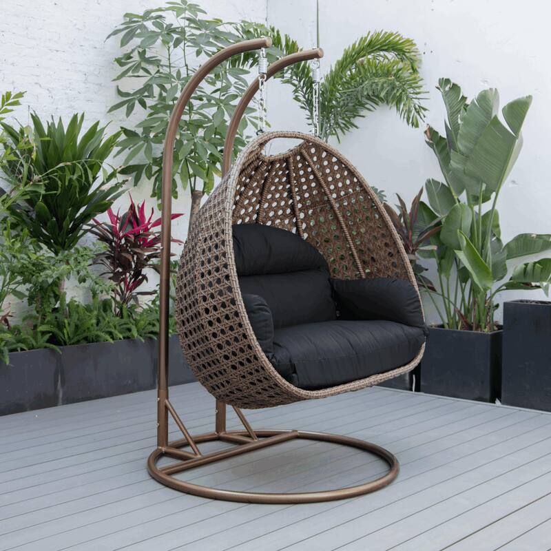 LeisureMod Mendoza Dark Brown 2 Seater Wicker Patio Hanging Double Swing Chair for Patio Porch Backyard Garden - 53"