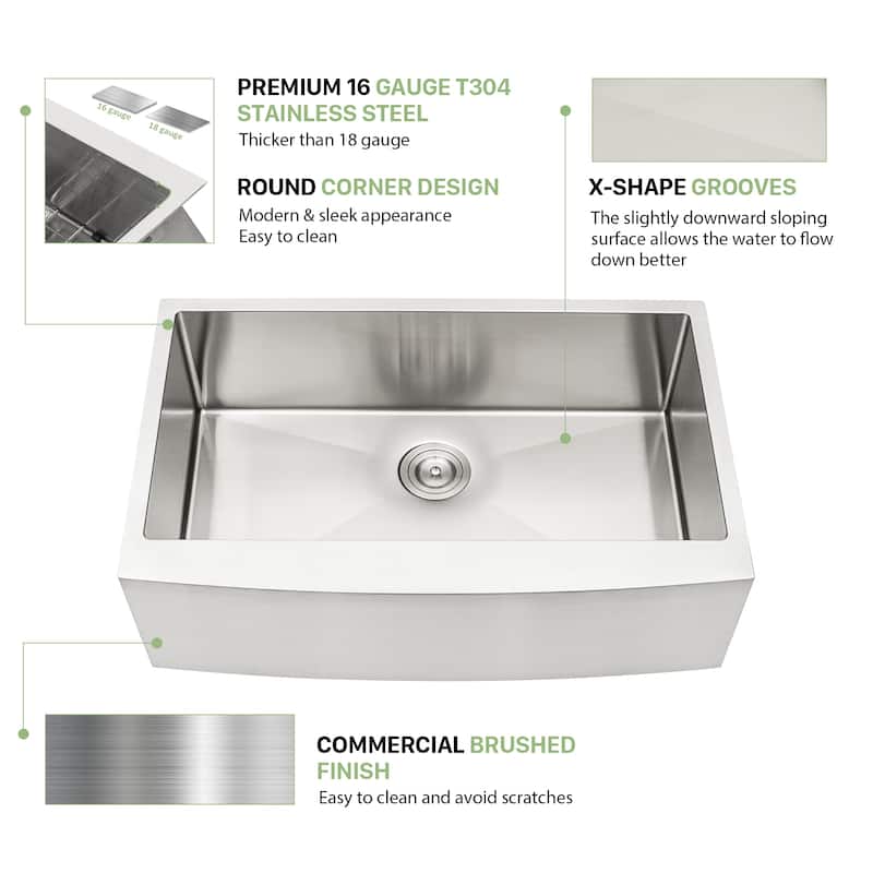 30"x21"x10" Farmhouse 16 Gauge Single Bowl Kitchen Sink - 30 x 21