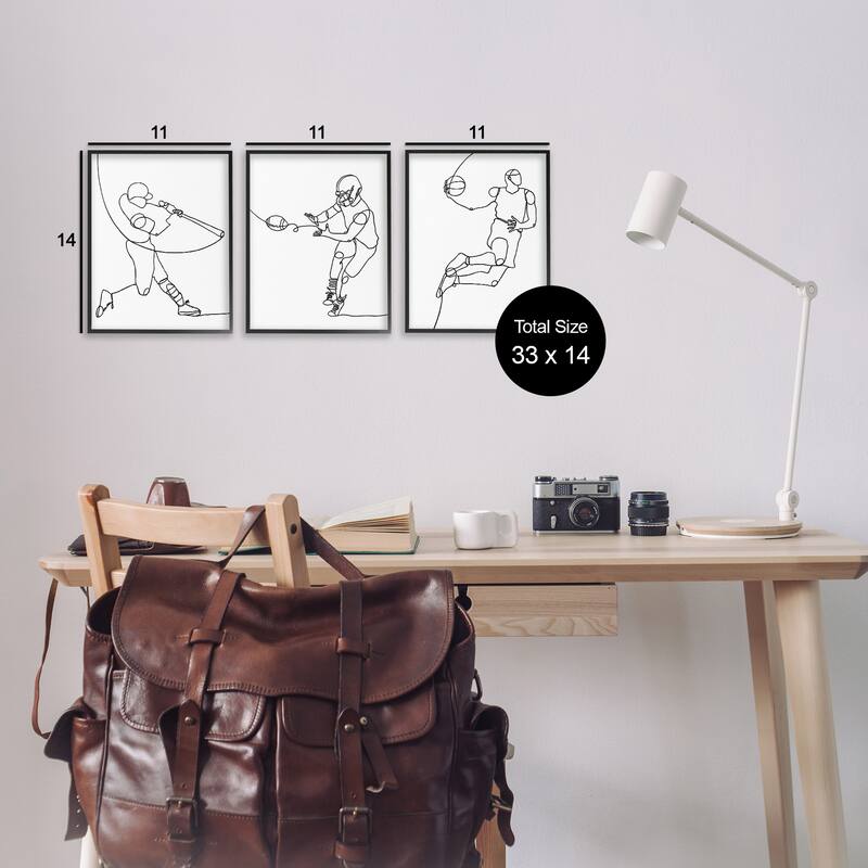 Stupell Simple Line Doodle People Playing Sports Baseball Football Basketball Framed 3 Piece Wall Art - Black