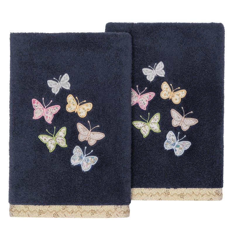 Authentic Hotel and Spa 100% Turkish Cotton Mariposa 2PC Embellished Hand Towel Set - Marine