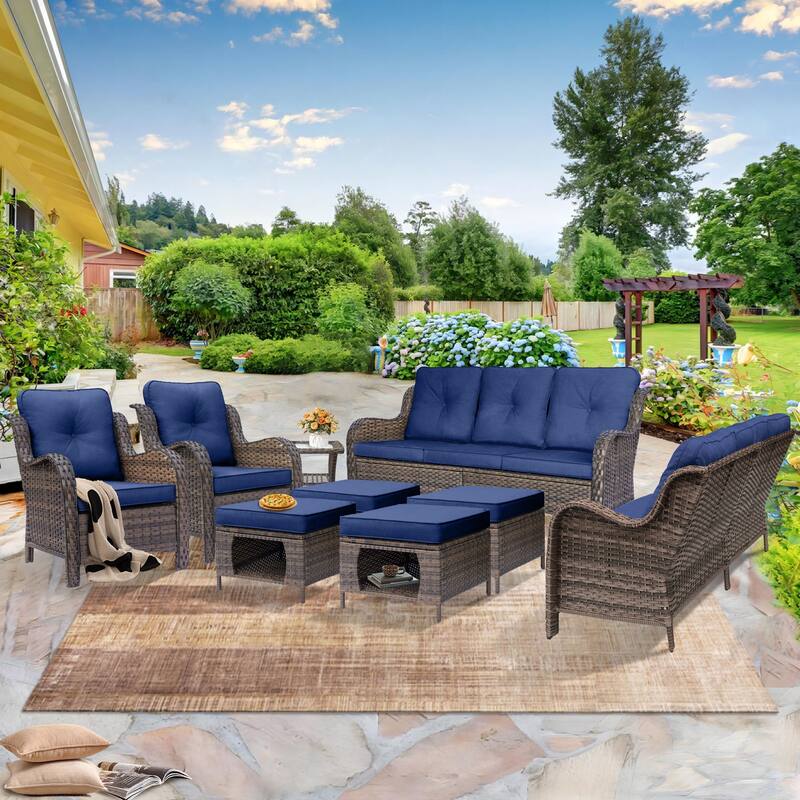 Wicker Outdoor Patio Furniture Seating Sofa Set with Storage Ottomans - 9 Piece - Navy Blue