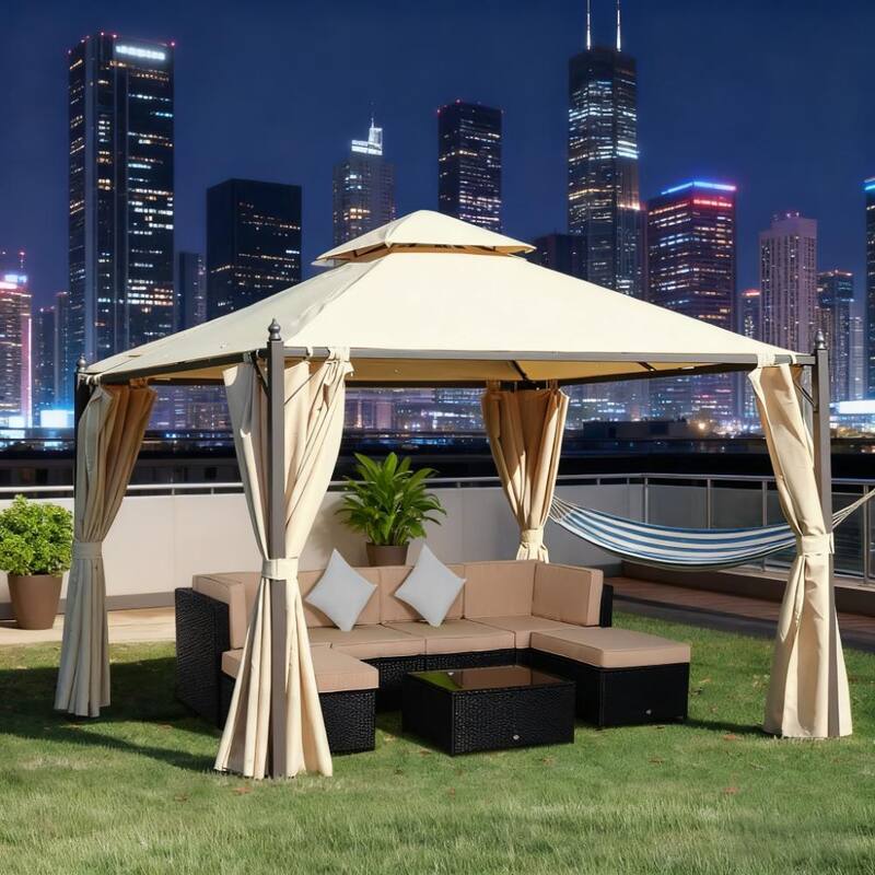 10' x 10' Steel Outdoor Patio Gazebo with Privacy Curtains and Double Canopy