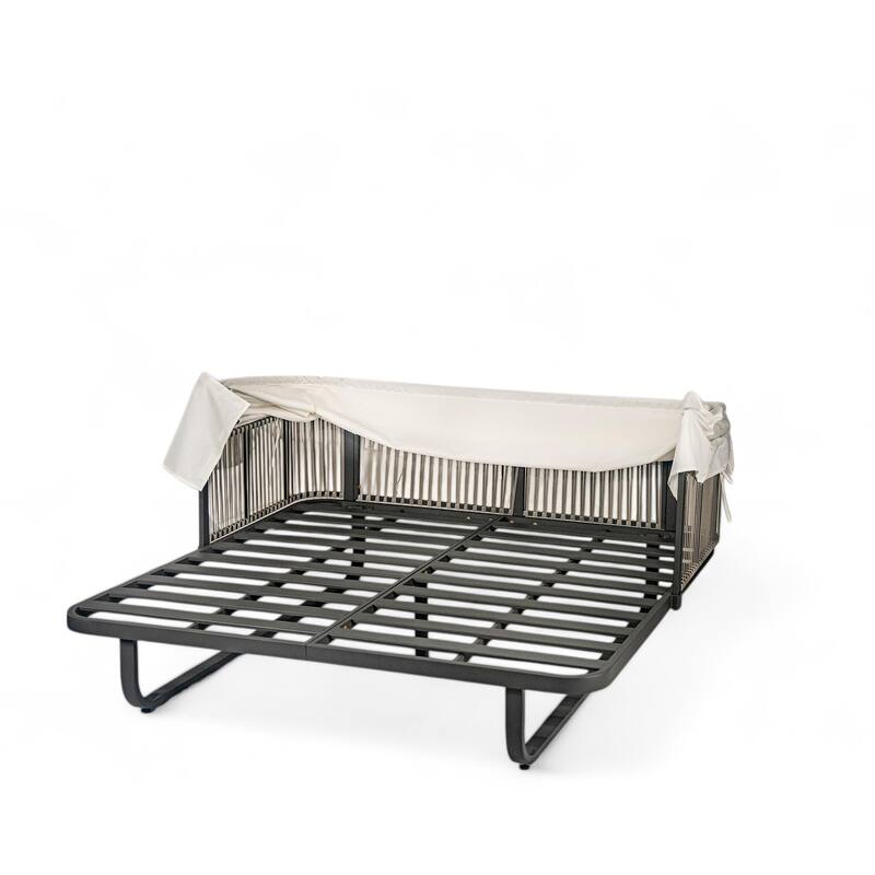 57" Outdoor Patio Rattan Daybed Sunbed with Retractable Canopy and Pillows