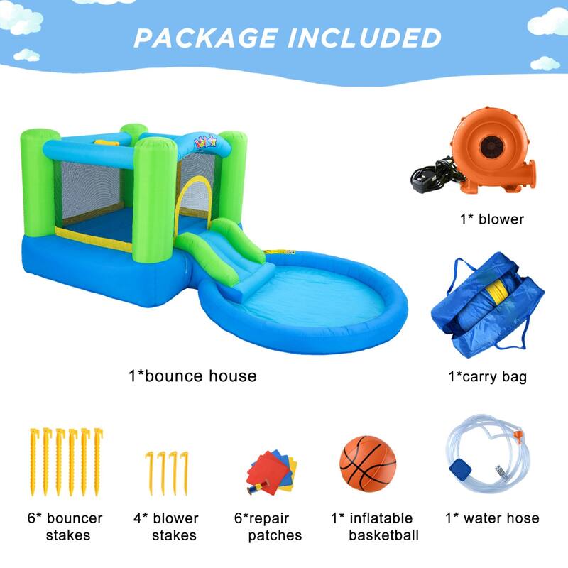 Inflatable Bounce House with Blower, Bouncy Castle Waterslide & Pool