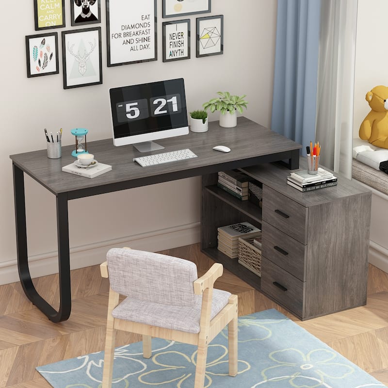 L-Shaped Computer Desk, 55.1"W Large Executive Office Desk - Grey Oak